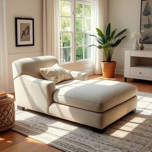 A luxurious, oversized chaise lounge in a sun-drenched living room, upholstered in a soft, textured fabric